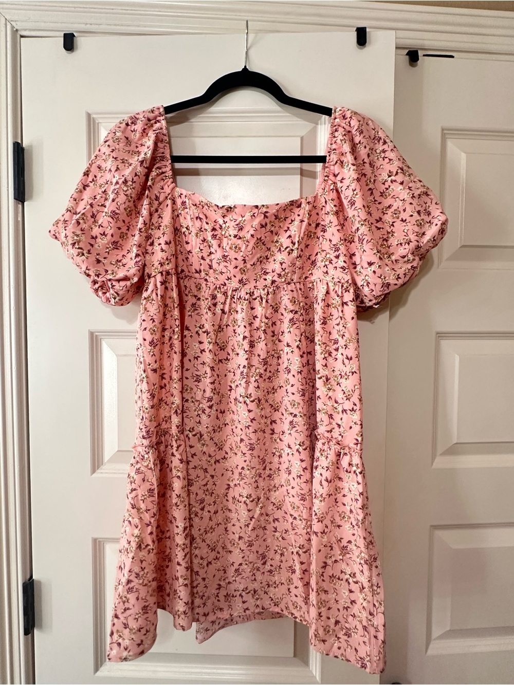 Dee Elly Pink Floral Square-Neck Mini Dress with Puff Sleeves